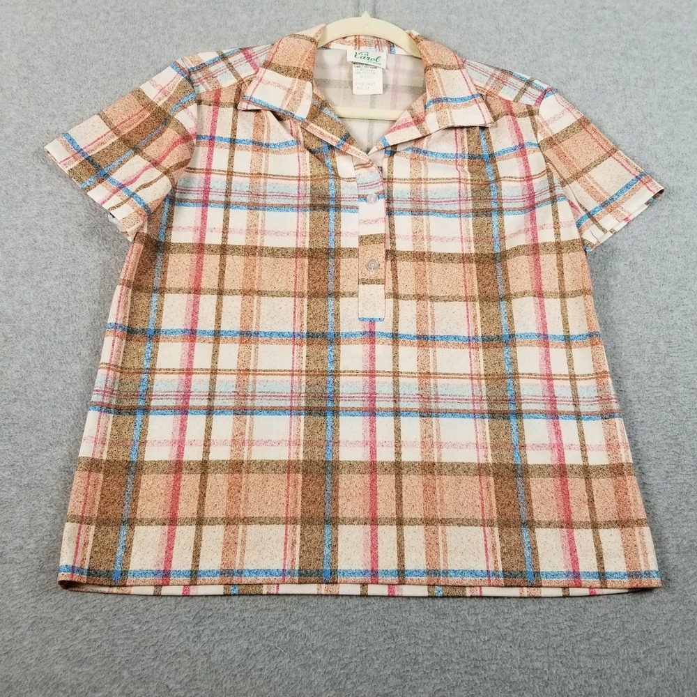 Vintage Ina Carol Top Women 12 Plaid Short Sleeve Button Stretch See Through 80s